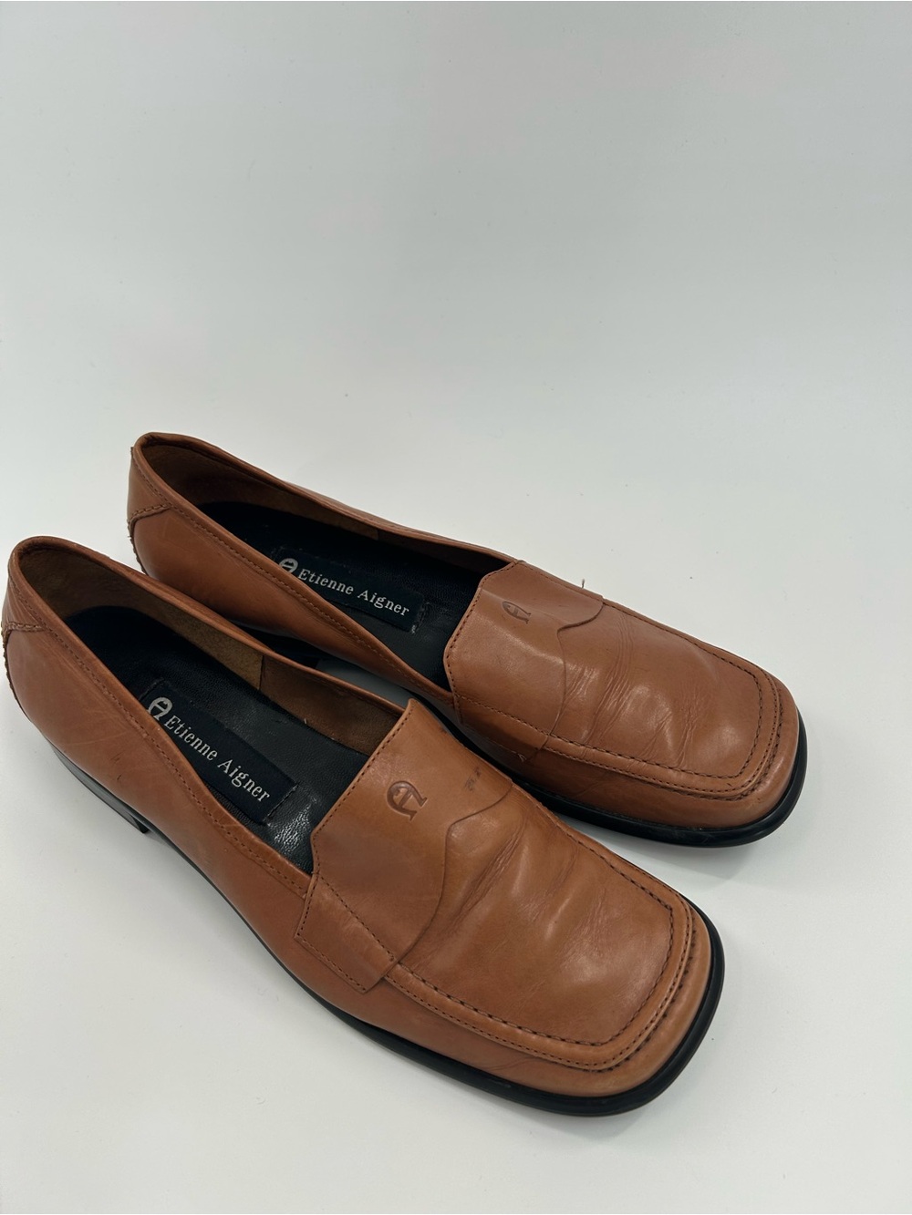 Etienne Aigner Caramel Brown Square Toe Leather Jannie Loafers Size 6.5